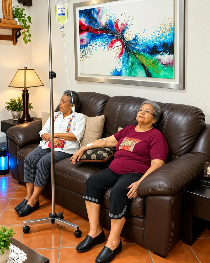 Dos pacientes mayores descansan en un sillón mientras reciben suero.