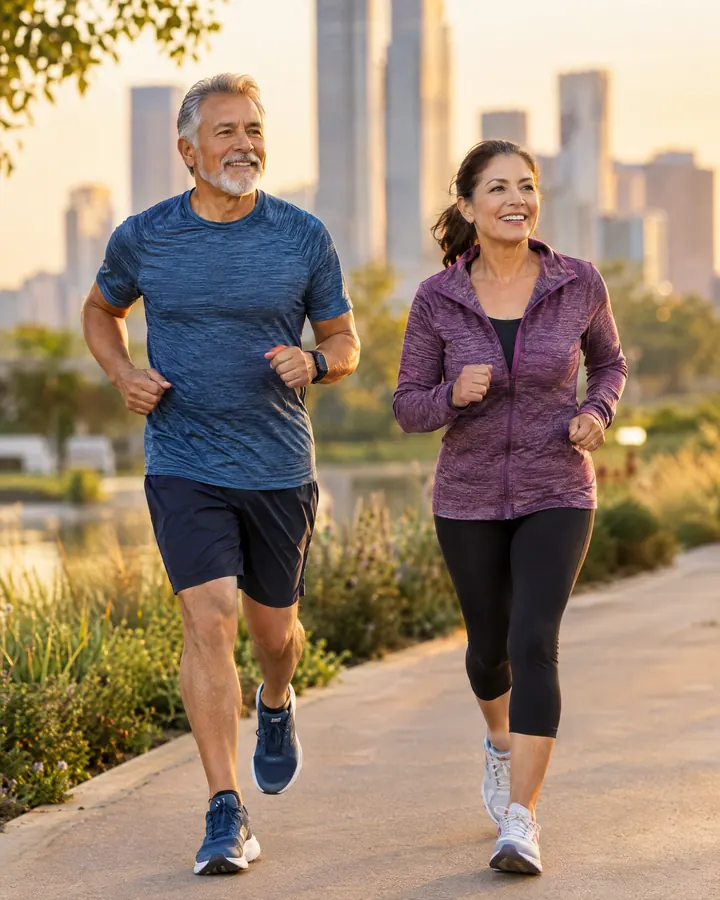 Una pareja de adultos mayores corre por un parque al atardecer.