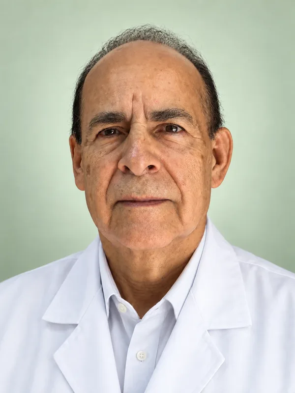 Retrato del Dr. José Pablo León Olea con bata blanca.